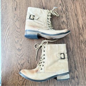 MIA Lace Up Fold Over Leather Boots Size 7.5 Taupe with Buckle Detail Taupe